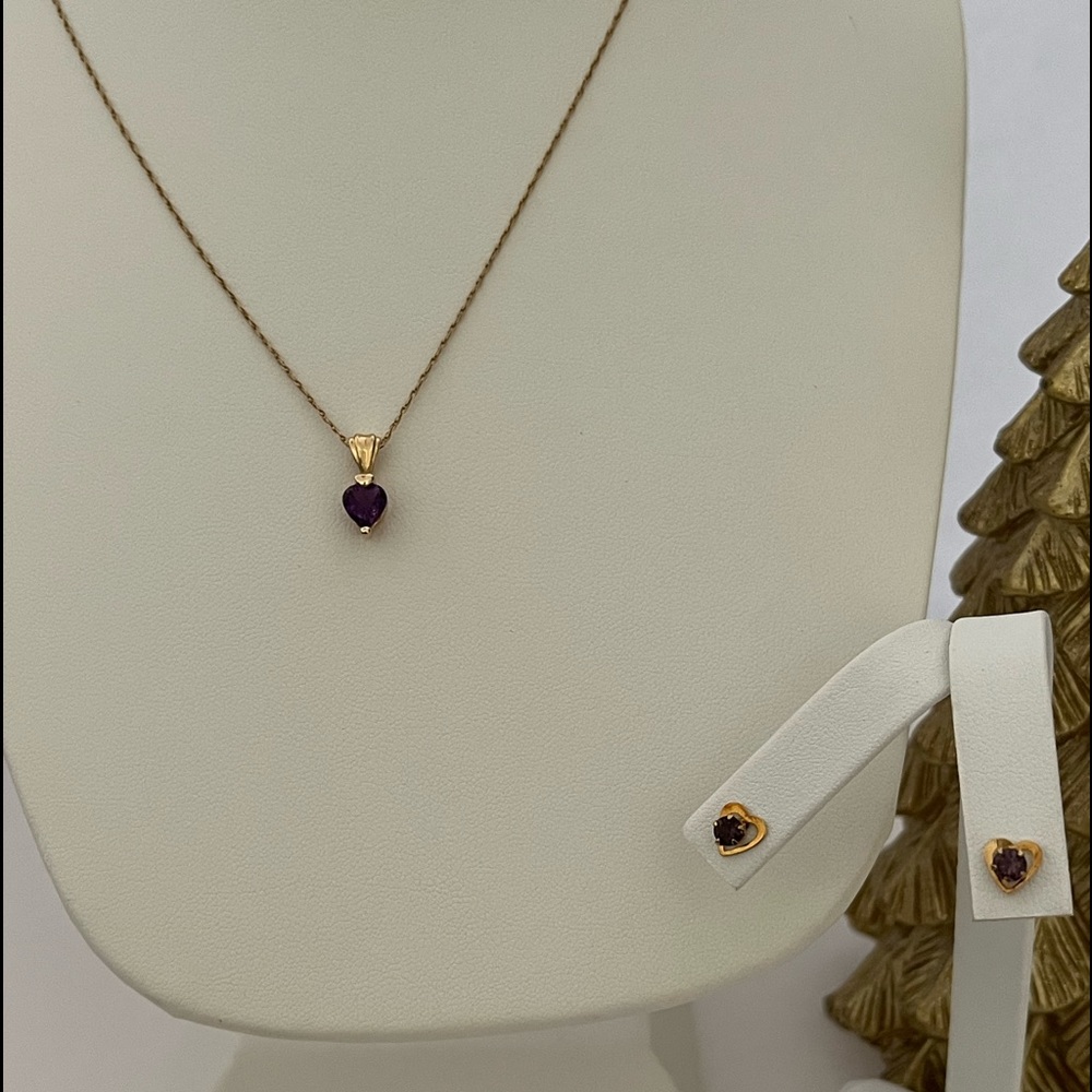 14k Necklace W/ Amethyst Pendant And Earrings 14K 3.75mm Amethyst Heart Stud Ea